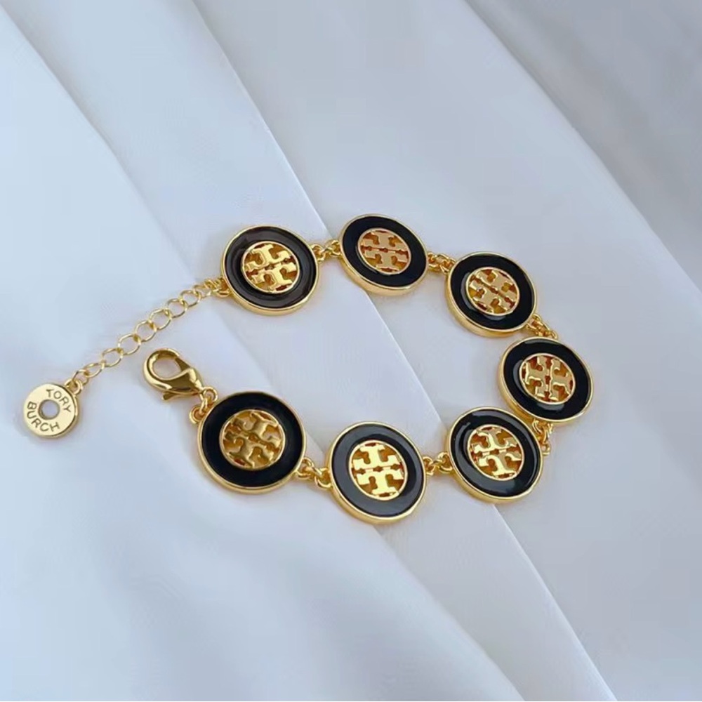 Authentic Tory Burch 18k Gold Plated Hallow Round Black-Gold Bracelet New W/Tag